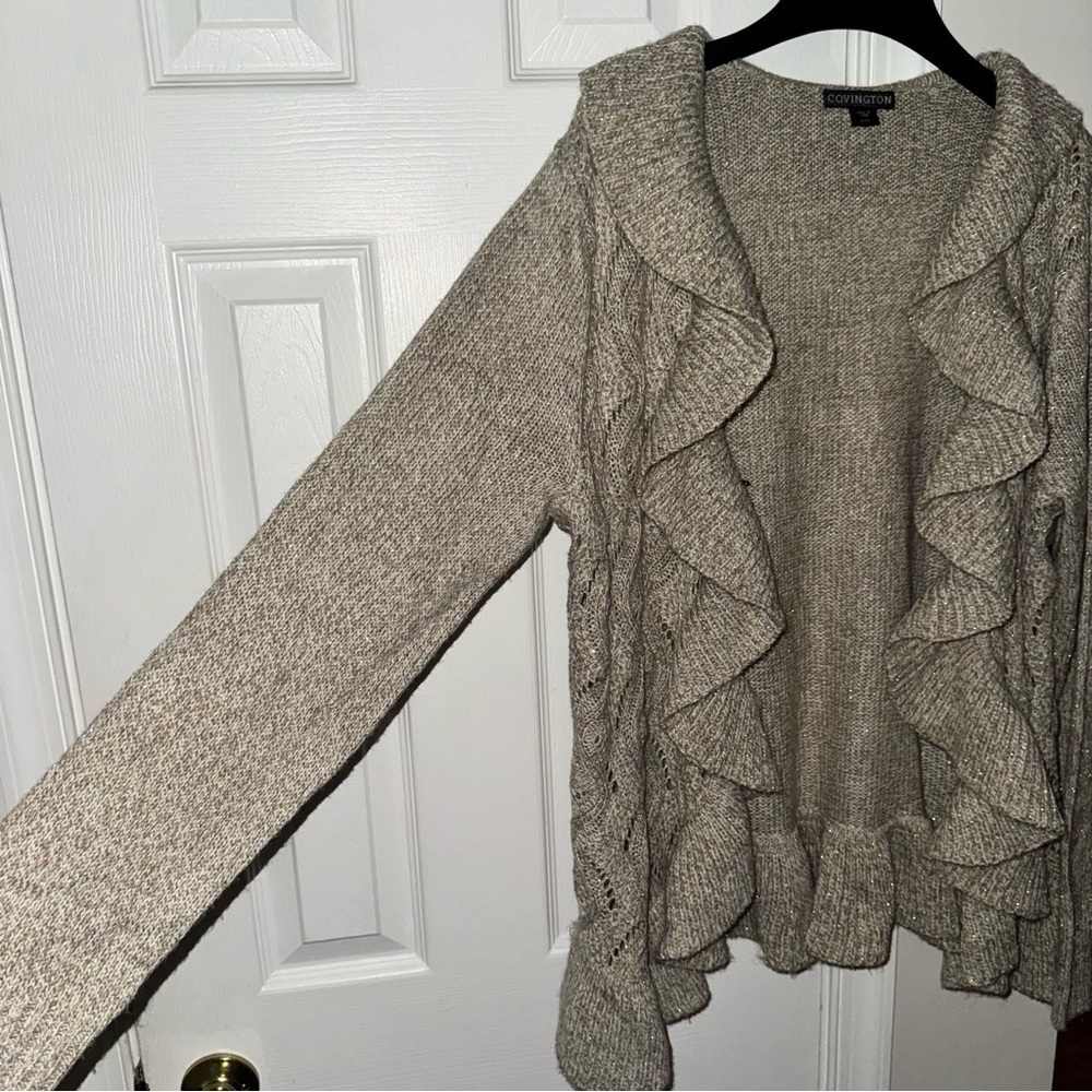Covington Women's XL Open Front Ruffle Cardigan Oatmeal Beige Metallic Knit - Picture 5 of 15